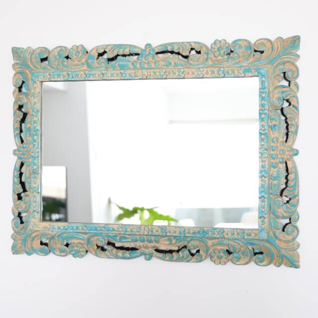 Peruvian Turquoise Purple Wash Mirror 78 cm Handmade Wall Decor - Carved Wood Round Artistic Statement For Living Room Bathroom - image 1