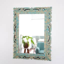 Peruvian Turquoise Purple Wash Mirror 78 cm Handmade Wall Decor - Carved Wood Round Artistic Statement For Living Room Bathroom - thumbnail 3