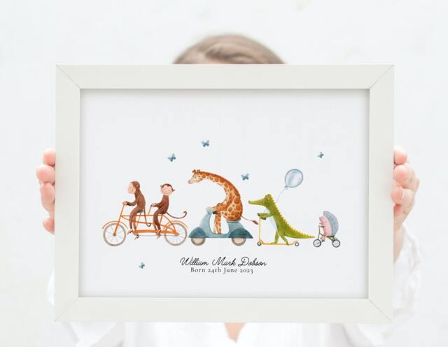 Personalised Safari Animals Print, Including Birth Details, New Baby Gift, Featuring Elephants, Giraffes & Lions, Stars Moon - image 1