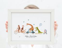 Personalised Safari Animals Print, Including Birth Details, New Baby Gift, Featuring Elephants, Giraffes & Lions, Stars Moon - thumbnail 1