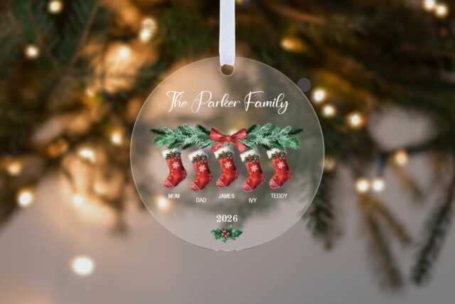Personalised Family Names Stocking Christmas Bauble Traditional Tree Decoration, Keepsake Ornament Gift For Families - image 1