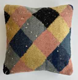Turkish Rug Cushion Cover, Handmade Check Pillow, Decorative Throw Kilim 16''x16''/41x40 cm - thumbnail 1