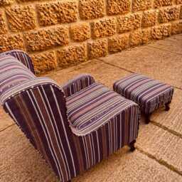 striped Wingback Armchair & Footstool Set, Classic Fireside Lounge Chair - thumbnail 3