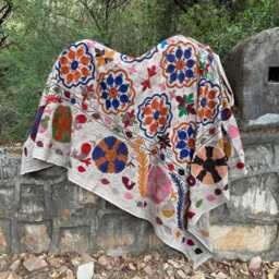 Large Cotton Suzani Quilt Hand Embroidered - Boho Bed Cover Floral Folk Art Bedding Unique Home Decor Gift - thumbnail 4
