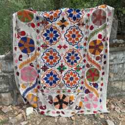 Large Cotton Suzani Quilt Hand Embroidered - Boho Bed Cover Floral Folk Art Bedding Unique Home Decor Gift - thumbnail 2