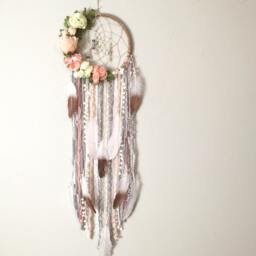 Floral Dreamcatcher, Boho Nursery Wall Hanging, Pink Peach Flowers - thumbnail 4