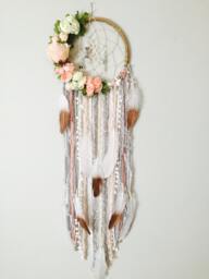 Floral Dreamcatcher, Boho Nursery Wall Hanging, Pink Peach Flowers
