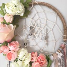 Floral Dreamcatcher, Boho Nursery Wall Hanging, Pink Peach Flowers - thumbnail 2