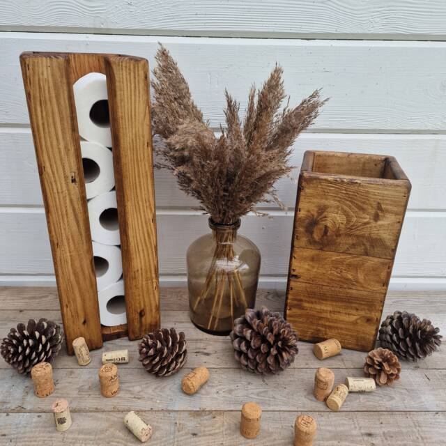 Handcrafted Rustic Reclaimed Wooden Bathroom Set/Freestanding Toilet Roll Holder & Brush Decor Accessory