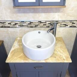Grey Painted Bathroom Vanity, Golden Onyx Top, Ceramic Basin - thumbnail 3