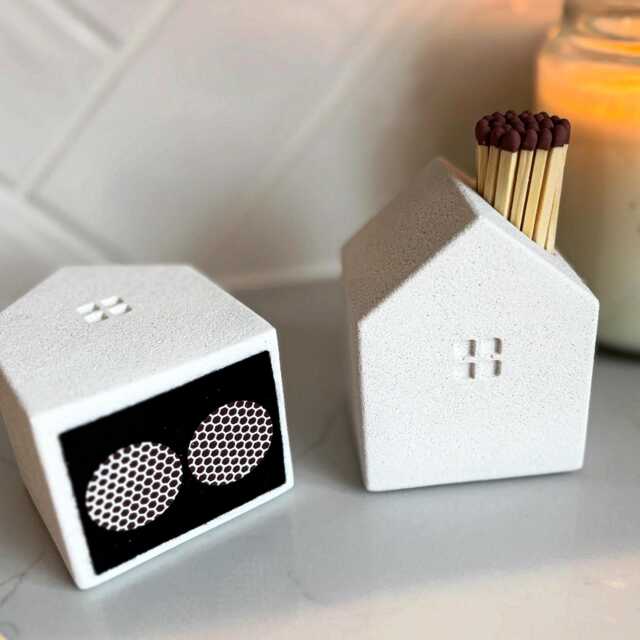 Handmade Concrete House Match Holder With Striker - Modern Fireplace Accessory New Home Gift - image 1
