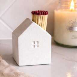 Handmade Concrete House Match Holder With Striker - Modern Fireplace Accessory New Home Gift - thumbnail 2