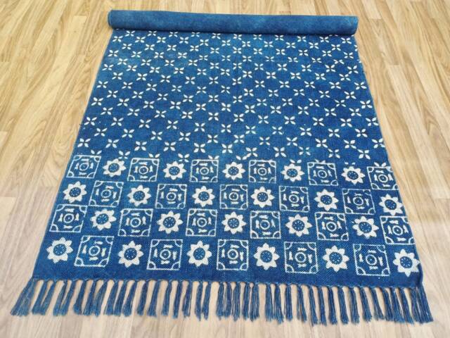 Hand Block Print Cotton Rug Indigo Aztec Home Decor - image 1