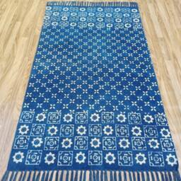 Hand Block Print Cotton Rug Indigo Aztec Home Decor - thumbnail 2