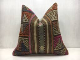Vintage Kilim Pillow Cover 16x16, Handwoven Bohemian Accent - thumbnail 1