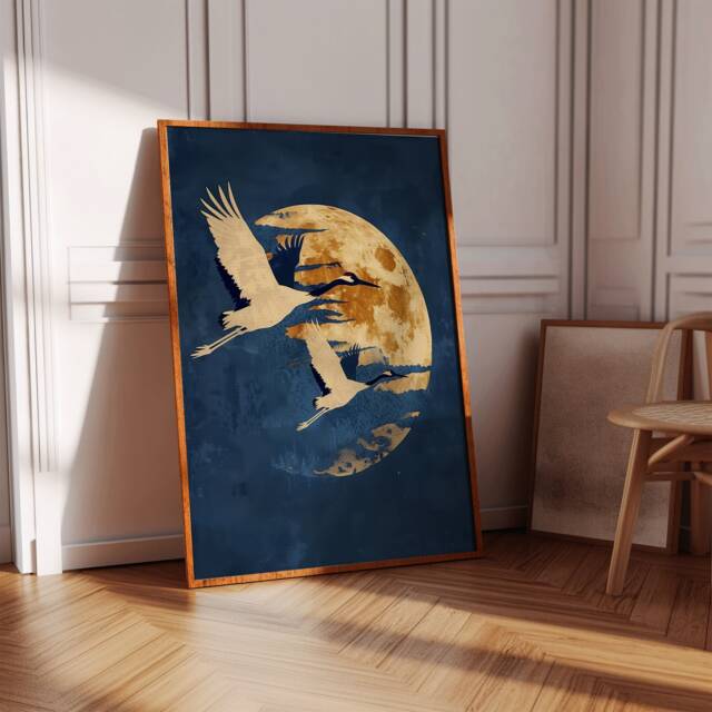 Blue & Gold Japanese Wall Art, Indigo Honeycomb, Abstract Art Print, Cranes, Birds, Sun, Dark Blue, Yellow, Living Room Decor, Large - image 1