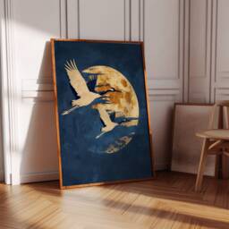 Blue & Gold Japanese Wall Art, Indigo Honeycomb, Abstract Art Print, Cranes, Birds, Sun, Dark Blue, Yellow, Living Room Decor, Large - thumbnail 1