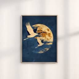 Blue & Gold Japanese Wall Art, Indigo Honeycomb, Abstract Art Print, Cranes, Birds, Sun, Dark Blue, Yellow, Living Room Decor, Large - thumbnail 2