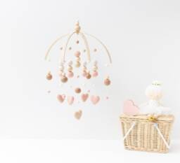 Blush & Beige Nursery Mobile - Girl Felt Ball & Heart Baby Boho Cot Peach Pink Tan - thumbnail 1