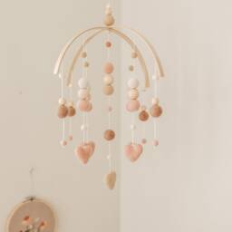 Blush & Beige Nursery Mobile - Girl Felt Ball & Heart Baby Boho Cot Peach Pink Tan - thumbnail 3