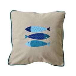 Coastal Cushion Cover, Teal, Blue, Turquoise & White Embroidered Crab Shell Linen Throw Pillow Home Decor - thumbnail 1