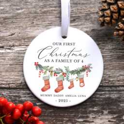 Personalised First Christmas As A Family Of Three Bauble, Baby's Tree Ornament, 1st Xmas Ornament 2025, 3 Keepsake - thumbnail 2