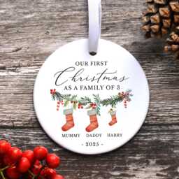 Personalised First Christmas As A Family Of Three Bauble, Baby's Tree Ornament, 1st Xmas Ornament 2025, 3 Keepsake - thumbnail 1