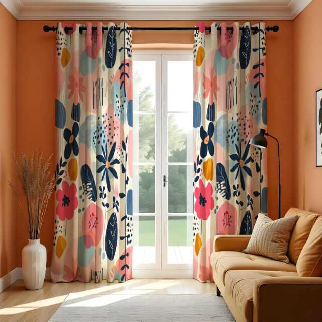 Playful Floral Curtains, Modern Abstract Flower Pattern Drapes, Colorful Botanical Print Window Curtain Panels - image 1