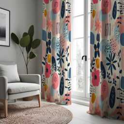 Playful Floral Curtains, Modern Abstract Flower Pattern Drapes, Colorful Botanical Print Window Curtain Panels - thumbnail 3