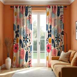 Playful Floral Curtains, Modern Abstract Flower Pattern Drapes, Colorful Botanical Print Window Curtain Panels - thumbnail 1