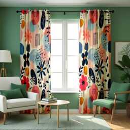 Playful Floral Curtains, Modern Abstract Flower Pattern Drapes, Colorful Botanical Print Window Curtain Panels - thumbnail 2
