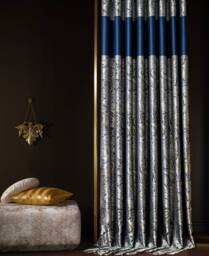 Luxury Navy Blue Damask Curtains Gold Patterned Drapes