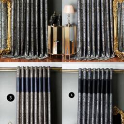 Luxury Navy Blue Damask Curtains Gold Patterned Drapes - thumbnail 2