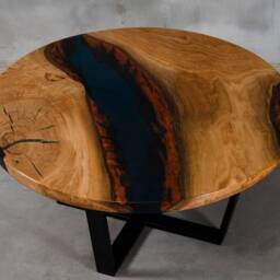 Custom Resin Table Made Of Oak, Dark Blue Uv Resin, Wooden Live Edge Coffee Table, Round With Steel Leg, Elegant Furniture - thumbnail 3