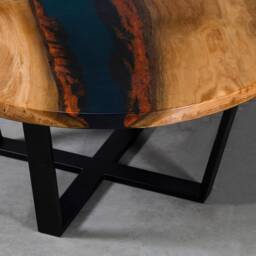 Custom Resin Table Made Of Oak, Dark Blue Uv Resin, Wooden Live Edge Coffee Table, Round With Steel Leg, Elegant Furniture - thumbnail 2