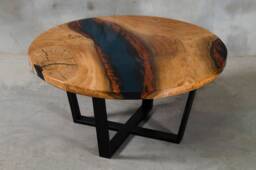 Custom Resin Table Made Of Oak, Dark Blue Uv Resin, Wooden Live Edge Coffee Table, Round With Steel Leg, Elegant Furniture - thumbnail 1