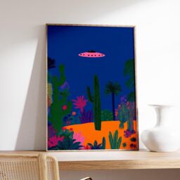 Ufo Desert Landscape Poster, Modern Pop Art Print, Cactus Palm Wall Art, Colorful Retro Sci Fi Artwork, Mid Century Surreal Decor - thumbnail 2