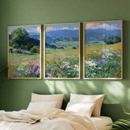Alpine Wildflower Meadow Poster Set Of 3 - Mountain Valley Landscape Prints Impressionist Countryside Wall Art Green Blue Floral Tones - thumbnail 2