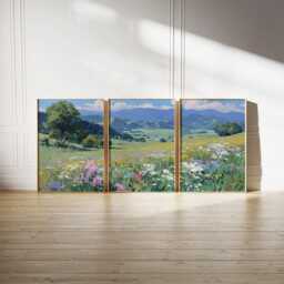 Alpine Wildflower Meadow Poster Set Of 3 - Mountain Valley Landscape Prints Impressionist Countryside Wall Art Green Blue Floral Tones - thumbnail 3