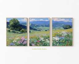 Alpine Wildflower Meadow Poster Set Of 3 - Mountain Valley Landscape Prints Impressionist Countryside Wall Art Green Blue Floral Tones - thumbnail 1