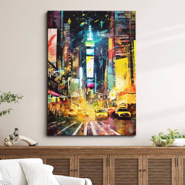 New York Skyline Times Square Abstract Modern Painting America Colorful Wall Art, Framed Canvas Poster Print, Home/Office Room Decor, Gifts - image 1