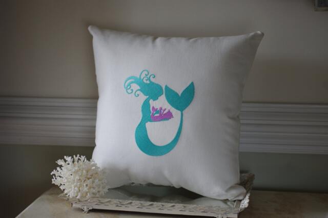 Embroidered Mommy Mermaid & Baby Pillow On Linen Fabric - 16x16 - image 1