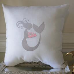 Embroidered Mommy Mermaid & Baby Pillow On Linen Fabric - 16x16 - thumbnail 2
