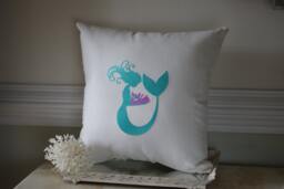 Embroidered Mommy Mermaid & Baby Pillow On Linen Fabric - 16x16 - thumbnail 1