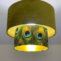 New Luxurious Handmade By Order Olive Green Velvet & Peacock Feathers Print Two Tier Pendant Lamp Light Shade With Metallic Lining - thumbnail 3