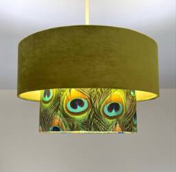 New Luxurious Handmade By Order Olive Green Velvet & Peacock Feathers Print Two Tier Pendant Lamp Light Shade With Metallic Lining - thumbnail 1