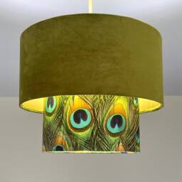 New Luxurious Handmade By Order Olive Green Velvet & Peacock Feathers Print Two Tier Pendant Lamp Light Shade With Metallic Lining - thumbnail 2