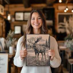 Moose in A Bog Scene Wall Art - Nature Inspired Engraved Wood Lithograph Illustration, Large Art, Woodland Animal Wilderness Painting - thumbnail 2