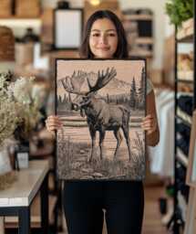Moose in A Bog Scene Wall Art - Nature Inspired Engraved Wood Lithograph Illustration, Large Art, Woodland Animal Wilderness Painting - thumbnail 1