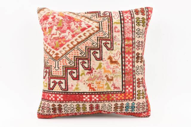 Vintage Turkish Kilim Pillow Cover Handwoven Wool Throw Cushion - 16x16 - image 1